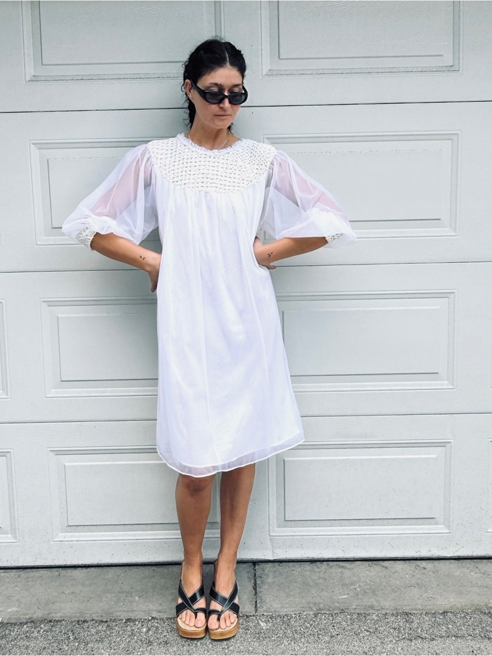 Vintage 60s White Long Sleeve Smocked Yoke Dress - Chiffon Nightgown Bridal